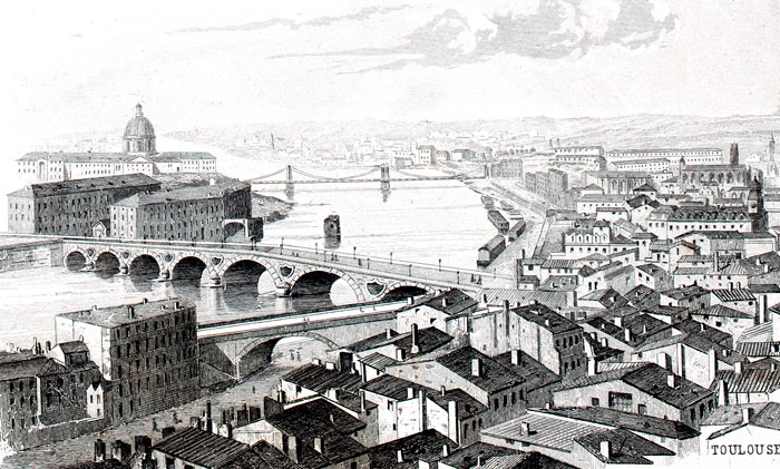 Gravure de la ville de Toulouse, en 1883 - reproduction © Norbert Pousseur