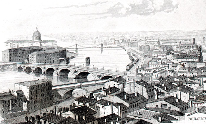 Gravure de la ville de Toulouse, en 1883 - gravure reproduite et restaurée numériquement par © Norbert Pousseur