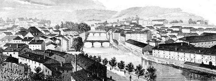 Gravure de la ville d'Epinal, en 1883