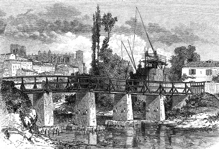 Pont de bois à Auch vers 1850 - gravure reproduite et restaurée par © Norbert Pousseur Pont de bois à Auch vers 1850 - gravure reproduite et restaurée par © Norbert Pousseur