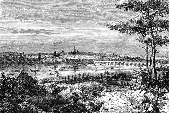 Panorama de Bordeaux vers 1840 - gravure reproduite puis restaurée numériquement par  © Norbert Pousseur