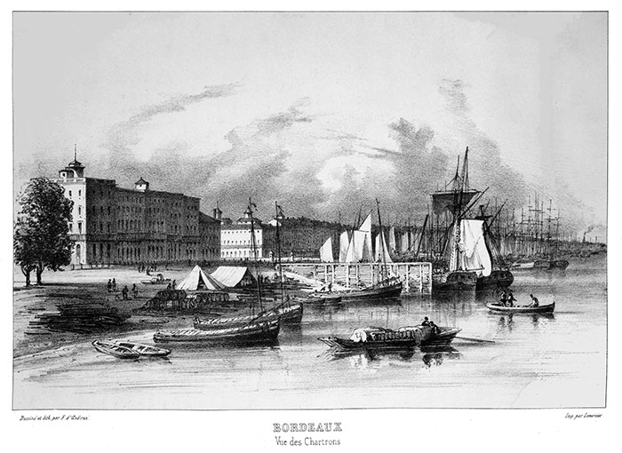 Bordeaux vers 1840, depuis les Chartrons - gravure reproduite puis restaurée numériquement par  © Norbert Pousseur