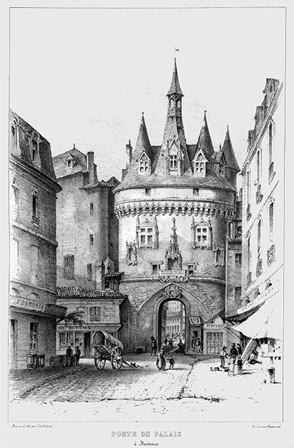 La porte du palais de Bordeaux vers 1840 - gravure reproduite puis restaurée numériquement par  © Norbert Pousseur