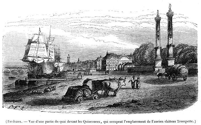 Quai de Bordeaux devant les Qinconces vers 1840- gravure reproduite puis restaurée numériquement par © Norbert Pousseur Quai de Bordeaux devant les Qinconces vers 1840- gravure reproduite puis restaurée numériquement par © Norbert Pousseur