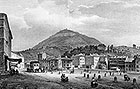 Zoom sur La place centrale de Voiron vers 1830 par Alexandre Debelle  - gravure reproduite et restaurée numériquement par © Norbert Pousseur