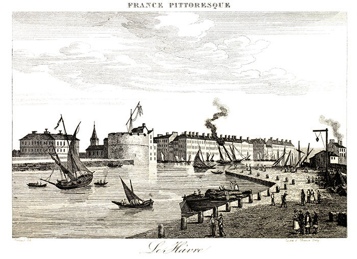 Le Havre vers 1835 - gravure reproduite puis restaurée numériquement par © Norbert Pousseur Le Havre vers 1835 - gravure reproduite puis restaurée numériquement par © Norbert Pousseur