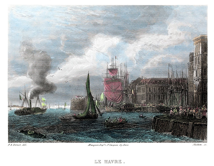 Le Havre vers 1850 par François Alexandre Pernot - gravure reproduite puis restaurée numériquement par © Norbert Pousseur