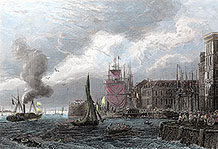 Pour zoom, Le Havre vers 1850 par François Alexandre Pernot - gravure reproduite puis restaurée numériquement par © Norbert Pousseur
