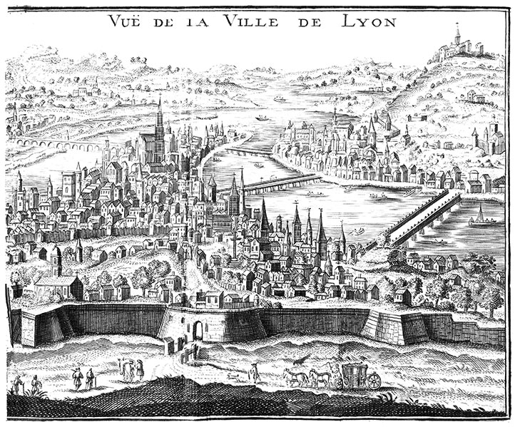 Vue générale de Lyon- Gravure de 1771 reproduite puis restaurée par © Norbert Pousseur