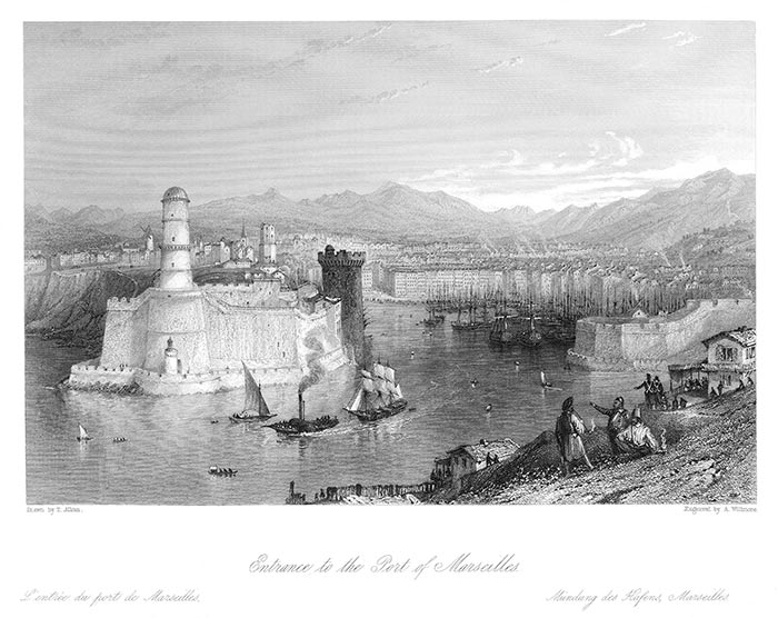 Vue en surplomb de l''entrée du port de Marseille par Thomas Allom vers 1830 - gravure  reproduite et restaurée par © Norbert Pousseur