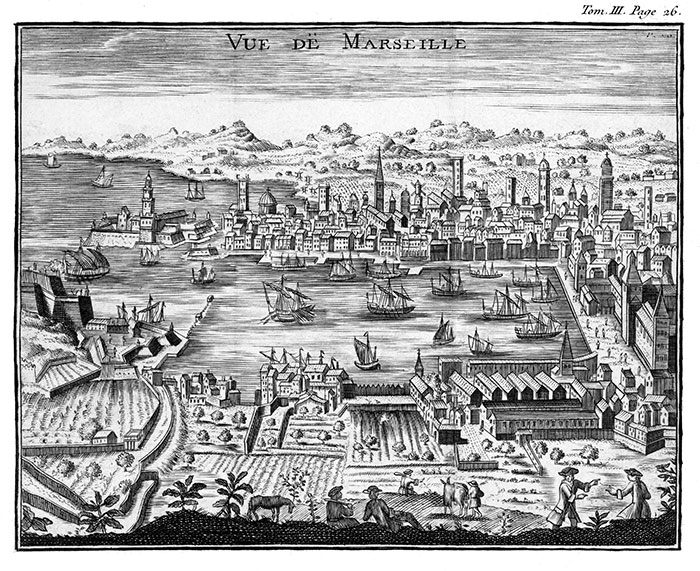 Port de Marseille vers 1710 - gravure  reproduite et restaurée par © Norbert Pousseur