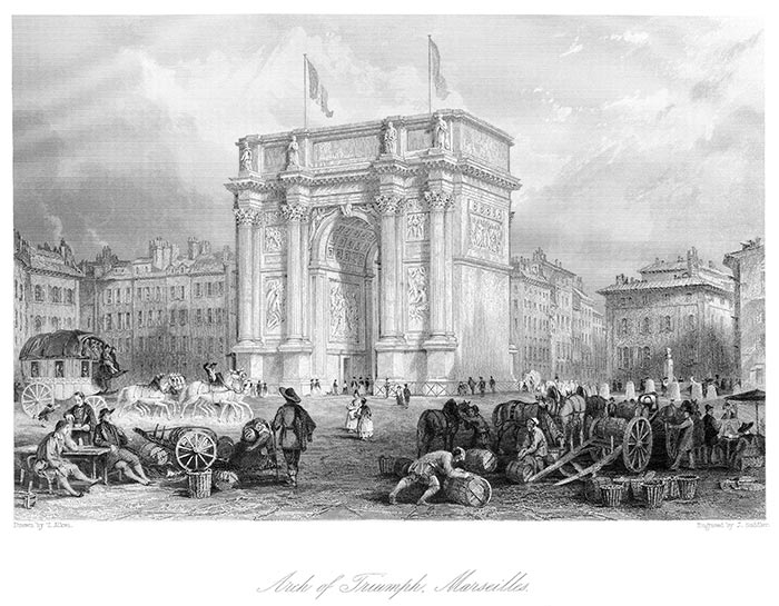 Arc de Triomphe de Marseille vers 1830  - gravure  reproduite et restaurée par © Norbert Pousseur
