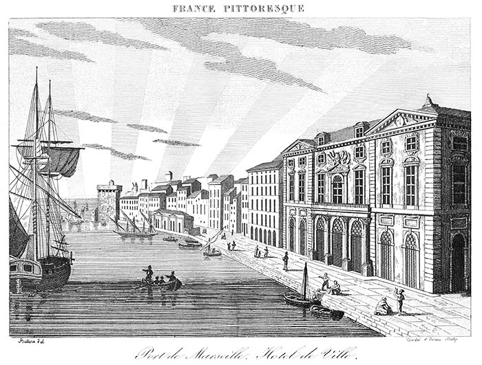 Port et Hôtel de ville de Marseille vers 1830 - gravure  reproduite et restaurée par © Norbert Pousseur