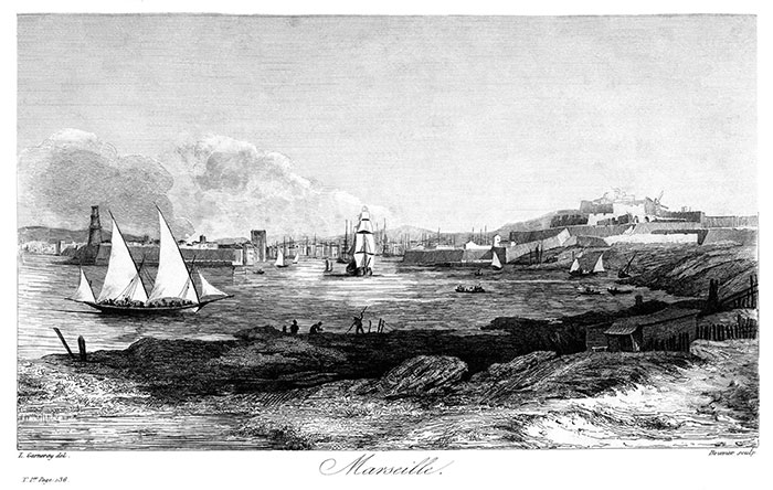 Le port de Marseille vers 1830 par L. Garneray - gravure  reproduite et restaurée par © Norbert Pousseur