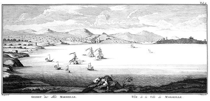 Marseille en 1761, dessein de Baurenfeind - gravure  reproduite et restaurée par © Norbert Pousseur