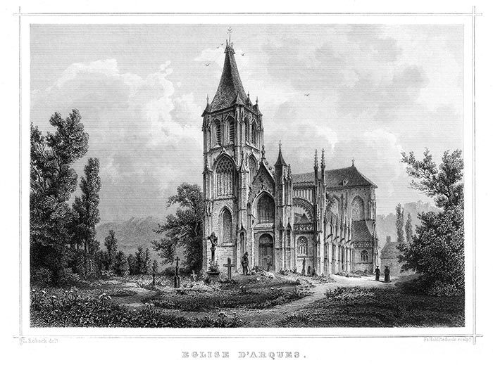 Vue de l'église d'Arques vers 1860 par Ludwig Robock - reproduction © Norbert Pousseur