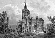Pour zoom, l'église d'Arques vers 1860 par Ludwig Robock - gravure reproduite et restaurée numériquement par © Norbert Pousseur