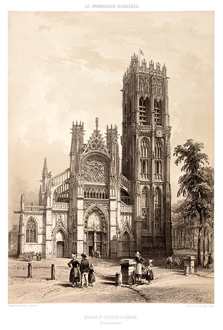 L'église St Jacques de Dieppe vers 1860 par Ludwig Robock - gravure reproduite et restaurée numériquement par © Norbert Pousseur L'église St Jacques de Dieppe vers 1860 par Ludwig Robock - gravure reproduite et restaurée numériquement par © Norbert Pousseur