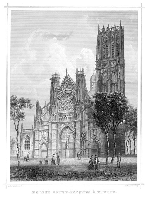 L'église St Jacques de Dieppe vers 1860 par Ludwig Robock - gravure reproduite et restaurée numériquement par © Norbert Pousseur L'église St Jacques de Dieppe vers 1860 par Ludwig Robock - gravure reproduite et restaurée numériquement par © Norbert Pousseur