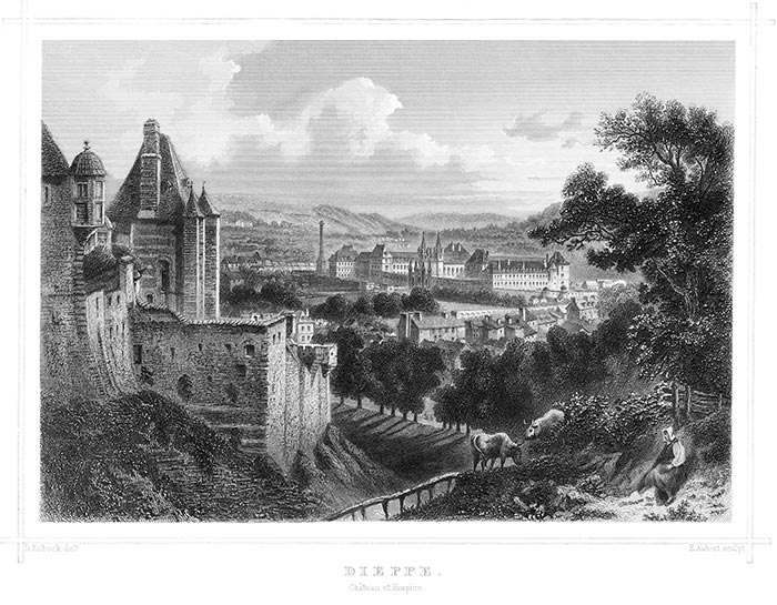 Château de Dieppe vers 1860 par Ludwig Robock - gravure reproduite et restaurée numériquement par © Norbert Pousseur Château de Dieppe vers 1860 par Ludwig Robock - gravure reproduite et restaurée numériquement par © Norbert Pousseur