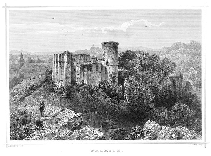 Château de Falaise vers 1860 par Ludwig Robock - gravure reproduite et restaurée par © Norbert Pousseur 