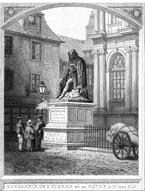 Statue de Bernardin de St Pierre au Havre vers 1860 - gravure reproduite puis restaurée numériquement par © Norbert Pousseur Statue de Bernardin de St Pierre au Havre vers 1860 - gravure reproduite puis restaurée numériquement par © Norbert Pousseur