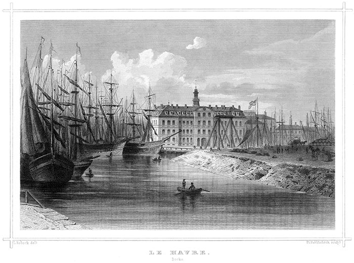 Les docks du Havre vers 1860 par Ludwig Robock - gravure reproduite puis restaurée numériquement par © Norbert Pousseur