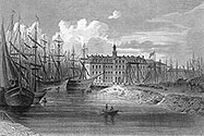 Pour zoom, docks du Havre vers 1860 par Ludwig Robock - gravure reproduite puis restaurée numériquement par © Norbert Pousseur
