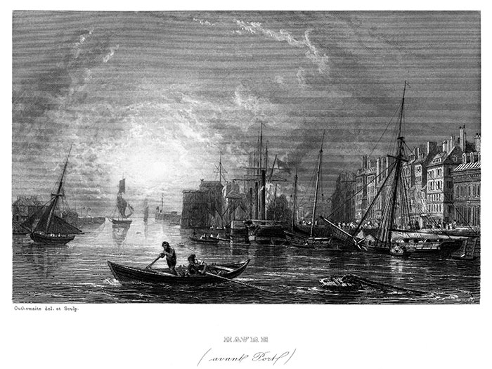 L'avant port du Havre vers 1860 par Outhewaite - gravure reproduite puis restaurée numériquement par © Norbert Pousseur L'avant port du Havre vers 1860 par Outhewaite - gravure reproduite puis restaurée numériquement par © Norbert Pousseur