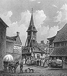 Pour zoom, Tour de St Catherine de Honfleur vers 1860 par Ludwig Robock - reproduction © Norbert Pousseur