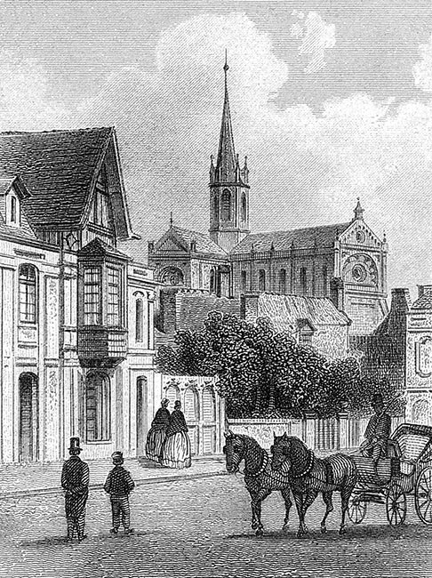 L'église de Trouville vers 1860 par Ludwig Robock - gravure reproduite et restaurée numériquement par © Norbert Pousseur