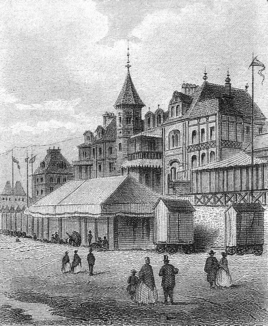 La plage de Trouville vers 1860 par Ludwig Robock - gravure reproduite et restaurée numériquement par © Norbert Pousseur