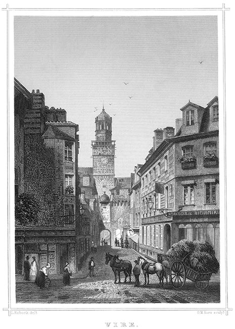 Tour de l'horloge de Vire vers 1860 par Ludwig Robock - reproduction © Norbert Pousseur