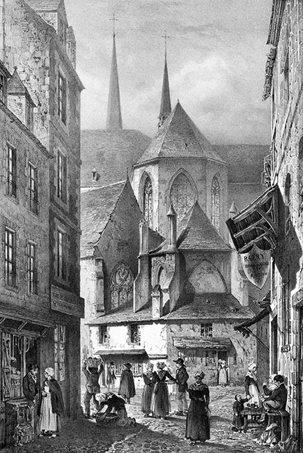 Une rue de St Brieuc vers 1840 - gravure reproduite et restaurée numériquement par © Norbert Pousseur