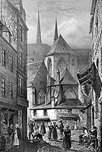 Zoom sur Une rue de St Brieuc vers 1840 - gravure reproduite et restaurée numériquement par © Norbert Pousseur