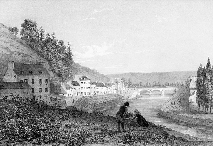 Châteaulin vers 1840 - gravure reproduite et restaurée numériquement par © Norbert Pousseur