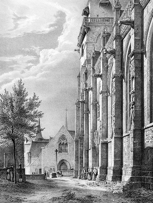 Façade latérale de l'église St Léonard de Fougères - gravure reproduite et restaurée numériquement par © Norbert Pousseur