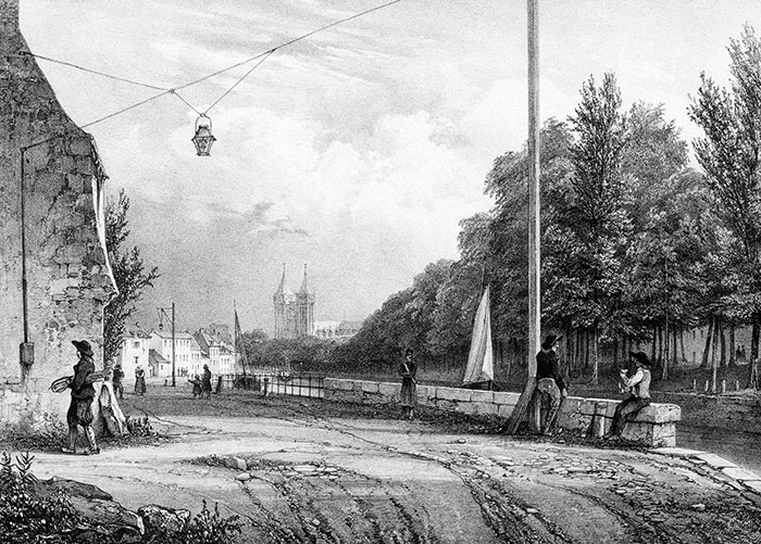 L'allée Loc-Maria de Quimper  vers 1840 - gravure de Jérôme Potel, reproduite et retouchée par © Norbert Pousseur