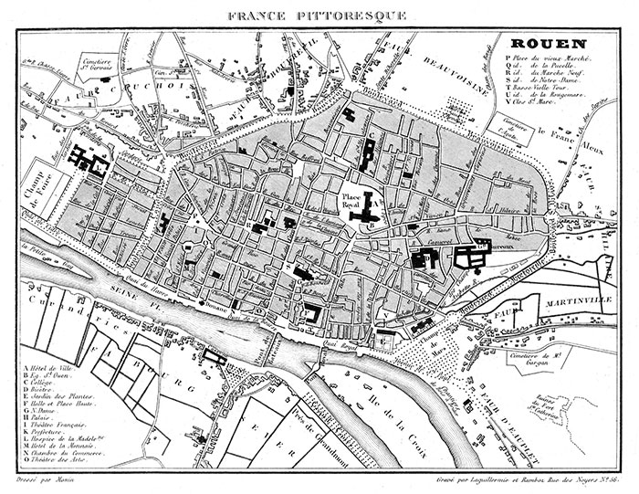 Carte de Rouen vers 1830 - gravure reproduite et restaurée numériquement par © Norbert Pousseur