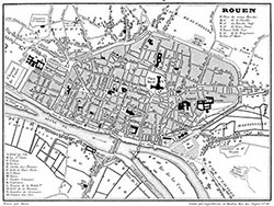 Carte de Rouen vers 1830 - gravure reproduite et restaurée numériquement par © Norbert Pousseur