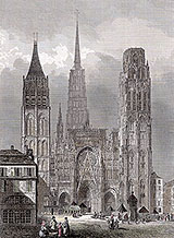 Zoom sur La cathédrale de Rouen en couleur - gravure reproduite et restaurée numériquement par © Norbert Pousseur