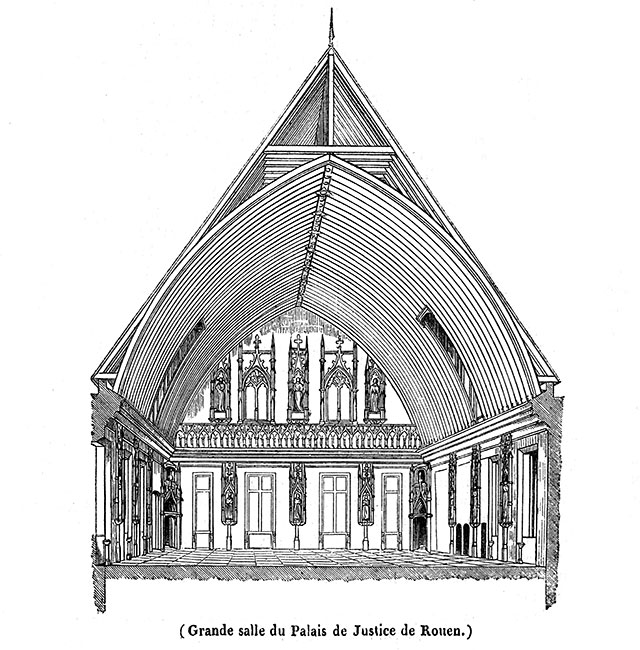 Schéma de la grande salle du Palais de Justice de Rouen par Rouargue - gravure reproduite et restaurée numériquement par © Norbert Pousseur