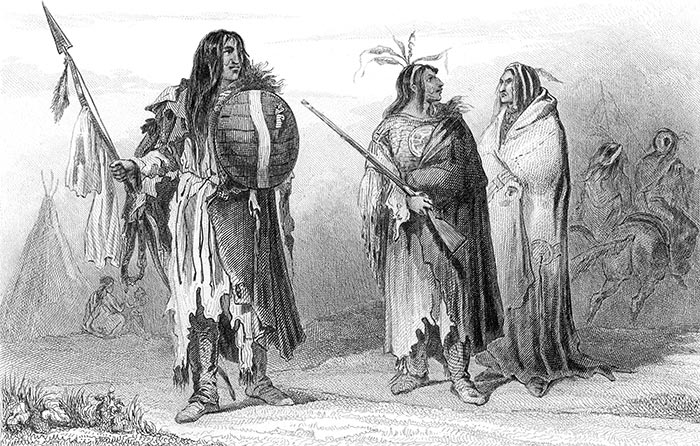 Chefs Indiens Assiniboins vers 1830 - gravure reproduite puis retouchée par  © Norbert Pousseur