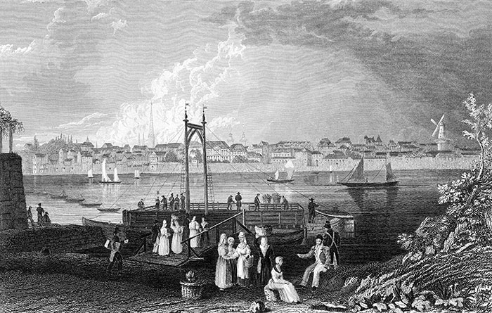 Die Landungsbrücke vor Bonn um 1840 - Gravur, digital reproduziert und restauriert von © Norbert Pousseur