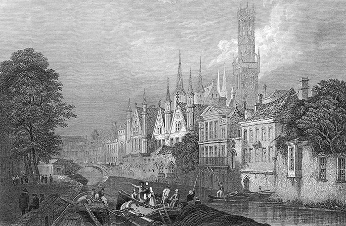 Bruges vers 1840 - gravure reproduite et restaurée numériquement par © Norbert Pousseur