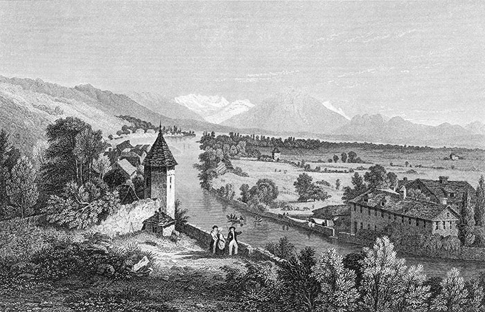 Thun et on lac, en Suisse - gravure reproduite et restaurée numériquement par © Norbert Pousseur