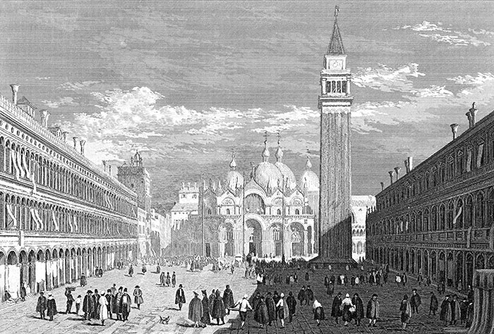 Venise - Place Saint Marc vers 1840 - gravure reproduite et restaurée numériquement par © Norbert Pousseur