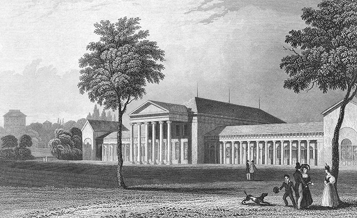 Der 'Grand Salon' in den Bädern von Wiesbaden um 1840 - Gravur, digital reproduziert und restauriert von © Norbert Pousseur