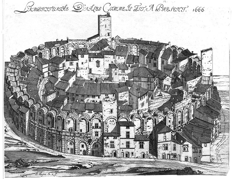 L'amphithéâtre d'Arles en 1666 - gravure reproduite par la © BNF et restaurée numériquement par © Norbert Pousseur
