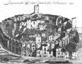 Zoom sur lL'amphithéâtre d'Arles en 1666 - gravure reproduite par la © BNF et restaurée numériquement par © Norbert Pousseur